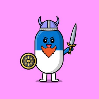 Tatlı çizgi film karakteri kapsül tıp korsanı. Şapkalı, elinde kılıç ve kalkanla Viking korsanı.