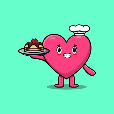 Sevimli karikatür şefi sevimli kalp karakteri tepside tatlı bir stil dizaynı sunuyor 3 boyutlu karikatür tarzında.