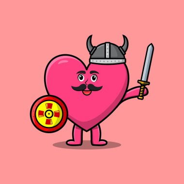 Sevimli çizgi film karakteri Sevimli kalp Viking korsan Şapkası ve kılıcı ve kalkanı ile