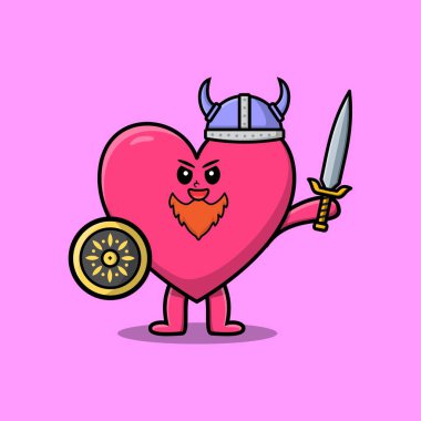 Sevimli çizgi film karakteri Sevimli kalp Viking korsan Şapkası ve kılıcı ve kalkanı ile