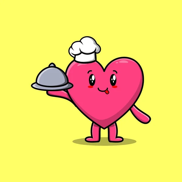 Nette Cartoon Koch Schöne Herz Maskottchen Charakter Serviert Essen Auf — Stockvektor