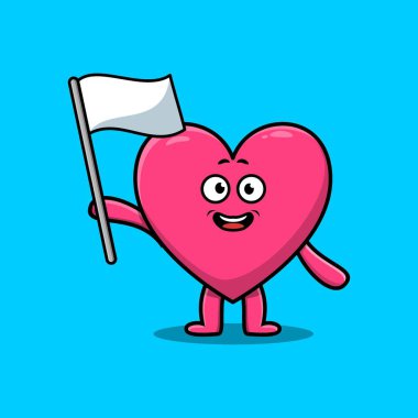 Modern tasarımda beyaz bayrağı olan sevimli kalp maskotu karakteri.