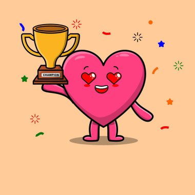 Sevimli karikatür karakteri güzel bir kalbin resmi altın kupayı tutuyor.