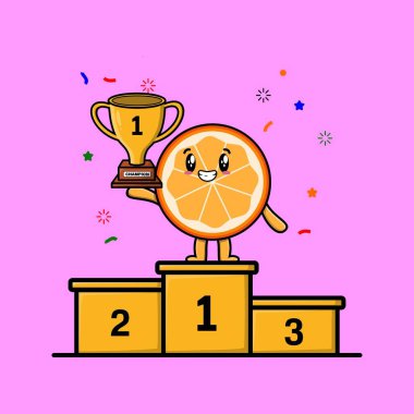 3 boyutlu modern stil tasarımı ile ilk mutlu ifadeyle kazanan sevimli portakal renkli çizgi film meyvesi.