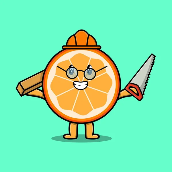 Cute Cartoon Pomarańczowy Owoc Jako Stolarz Charakter Piłą Drewna Nowoczesnym — Wektor stockowy