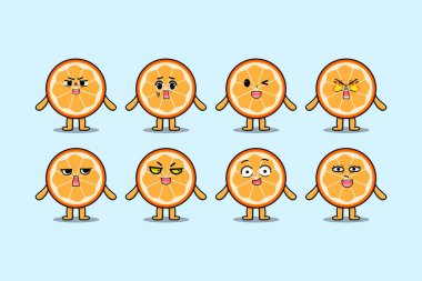 Kawaii portakallı meyve çizgi filmini çizgi film yüz çizimlerinin farklı ifadeleriyle ayarla