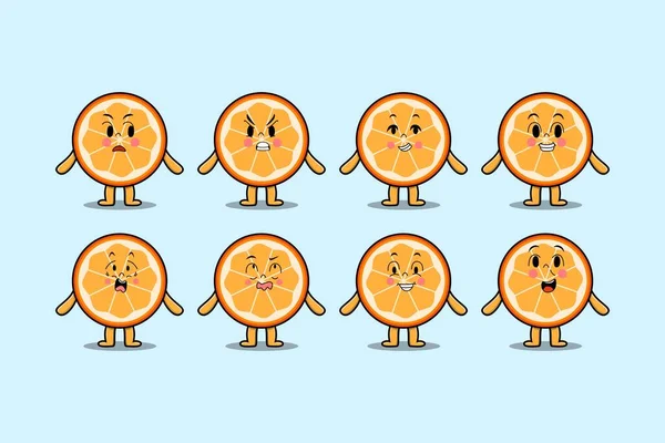 Set Kawaii Oranje Fruit Cartoon Met Verschillende Uitdrukkingen Van Cartoon — Stockvector