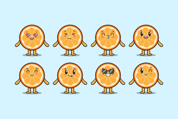 Conjunto Kawaii Naranja Fruta Dibujos Animados Con Diferentes Expresiones Ilustraciones — Archivo Imágenes Vectoriales