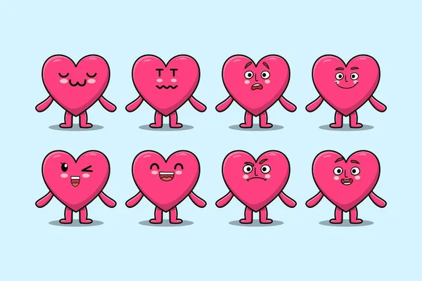 Set Kawaii Lovely Heart Cartoon Different Expressions Cartoon Face Vector — Stockvektor