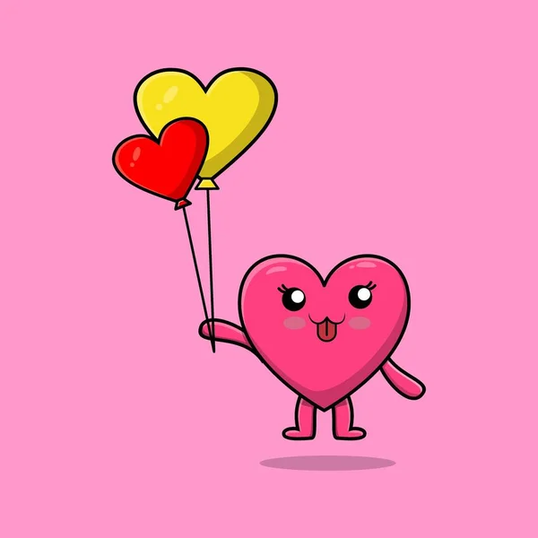 Cute Cartoon Lovely Heart Floating Love Balloon Cartoon Vector Illustration — стоковый вектор