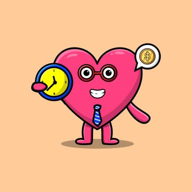 Cute cartoon lovely heart character holding clock with happy expression in concept 3d cartoon style
