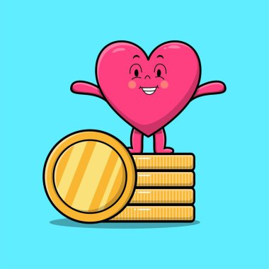 Cute cartoon lovely heart character standing in stacked gold coin