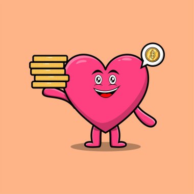 Cute cartoon lovely heart character holding in stacked gold coin vector illustration