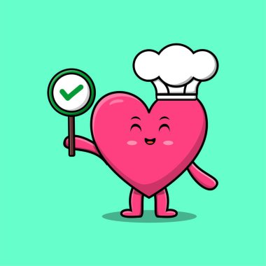 Cute cartoon lovely heart chef character holding correct sign in vector character illustration