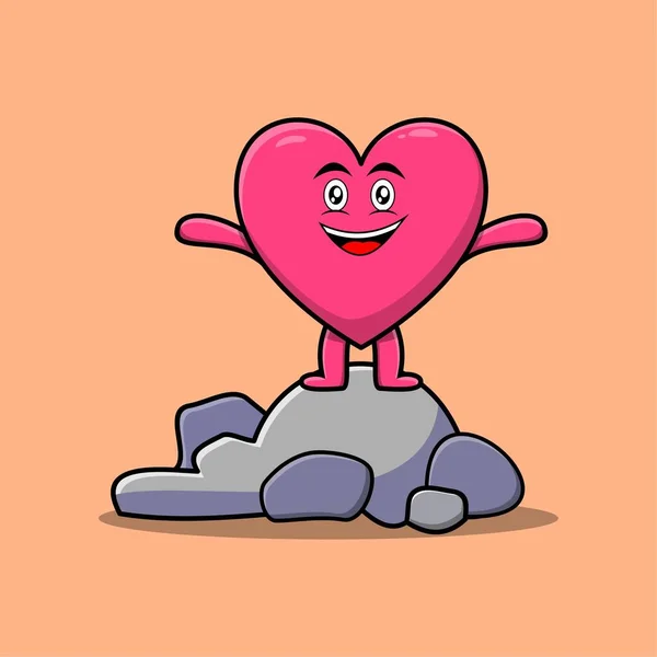 Cute Cartoon Lovely Heart Character Standing Stone Vector Illustration — Stockvektor