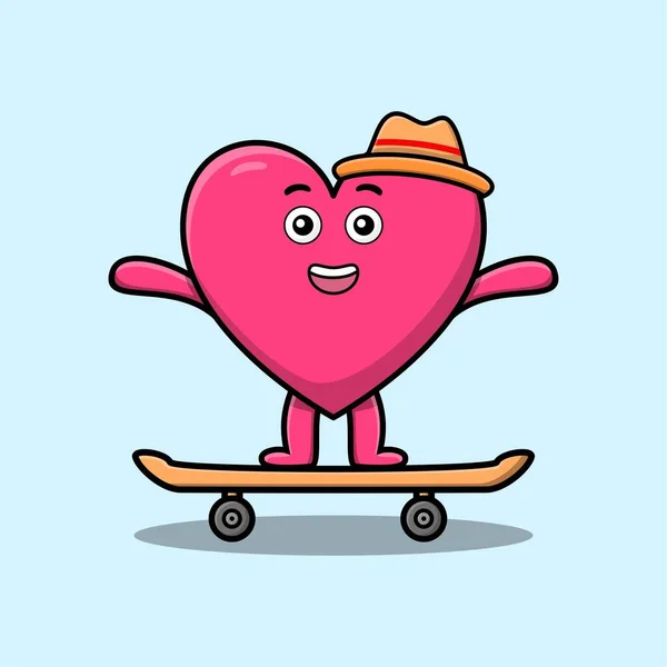 Cute Cartoon Lovely Heart Standing Skateboard Cartoon Vector Illustration Style — Vetor de Stock