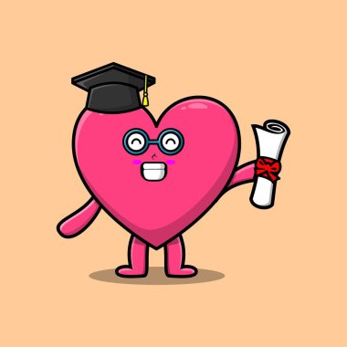 Cute cartoon lovely heart student character on graduation day with toga in concept 3d cartoon style