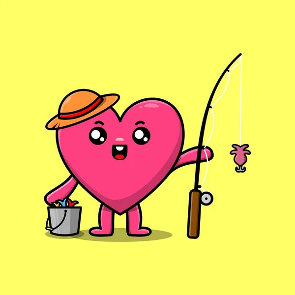 Cute Cartoon Lovely Heart Ready Fishing Wearing Fishing Equipment Cartoon — Vetor de Stock