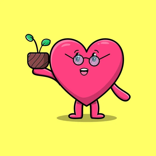 Cute Cartoon Lovely Heart Holding Plant Pot Modern Style Design — Stock Vector