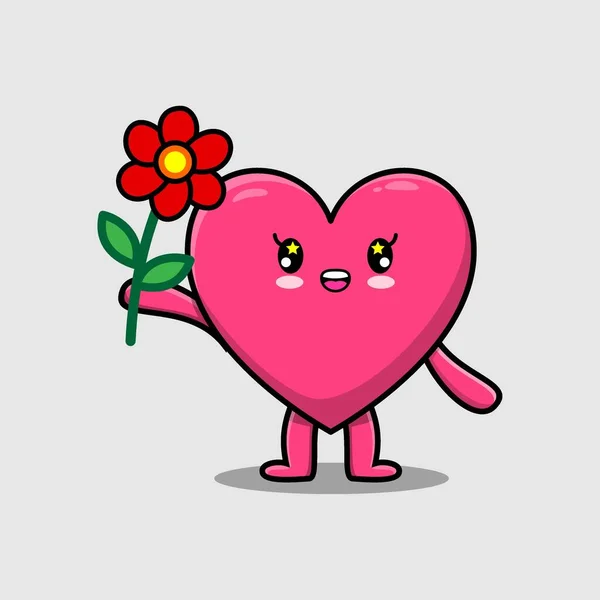 Cute Cartoon Lovely Heart Character Holding Red Flower Concept Cartoon — Vector de stock
