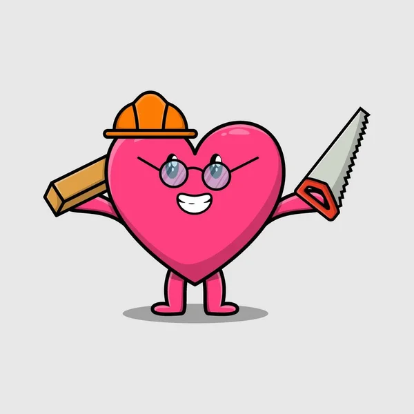 Cute Cartoon Lovely Heart Carpenter Character Saw Wood Modern Style — Διανυσματικό Αρχείο