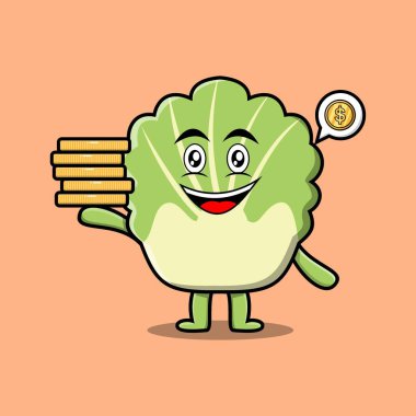 Yığınla altın sikke vektörü illüstrasyonunda tutulan sevimli Çin çizgi filmi lahanası karakteri