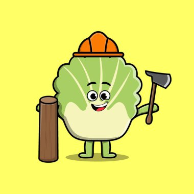 Cute cartoon chinese cabbage as carpenter character with ax and wood in 3d modern style design