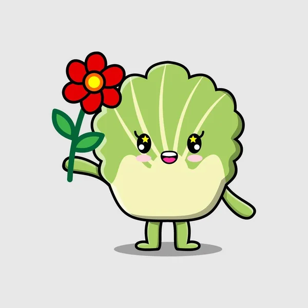 Cute Cartoon Chinese Cabbage Character Holding Red Flower Concept Cartoon — ストックベクタ