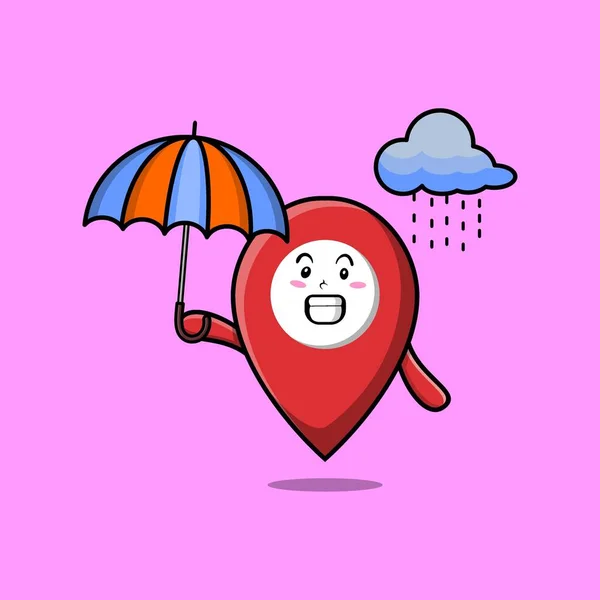 Netter Cartoon Pin Standort Charakter Regen Und Mit Einem Regenschirm — Stockvektor