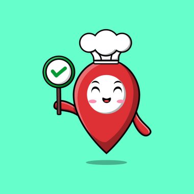 Cute cartoon pin location chef character holding correct sign in vector fruit character illustration