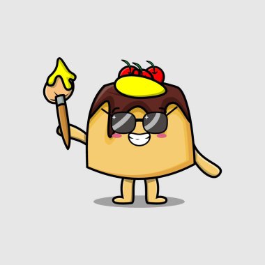 Sevimli çizgi film karakteri şapkalı puding ressamı ve şirin tasarım tasarımı çizmek için fırça.