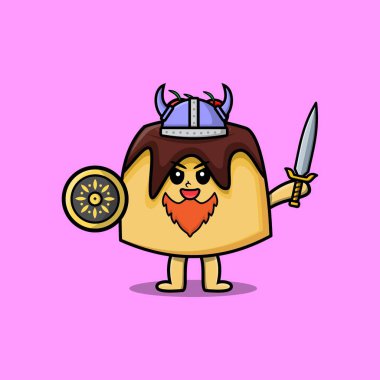 Tatlı çizgi film karakteri Pudding Viking korsanı şapkası, kılıcı ve kalkanı var.