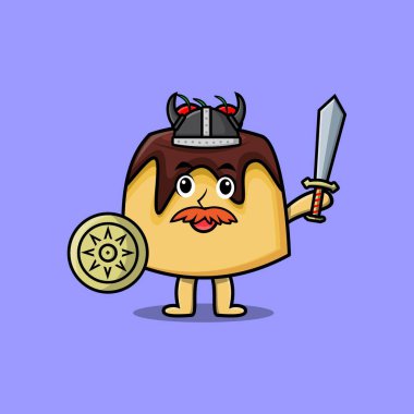 Tatlı çizgi film karakteri Pudding Viking korsanı şapkası, kılıcı ve kalkanı var.