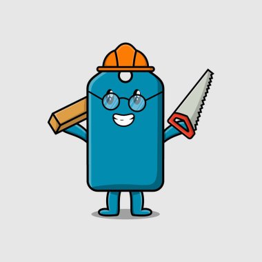 Marangoz karakteri olarak şirin bir karikatür fiyat etiketi ve düz modern stil tasarımı ile ahşap ve testere