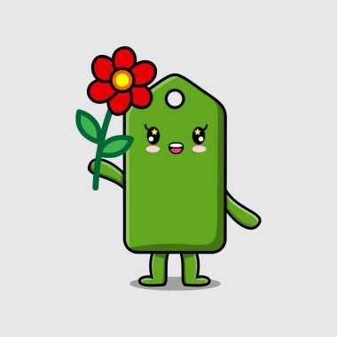 Kırmızı çiçeği konsept düz çizgi film tarzında tutan sevimli çizgi film fiyat etiketi karakteri