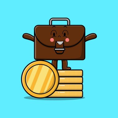 Altın sikke vektör illüstrasyonunda duran sevimli bavul karakteri.