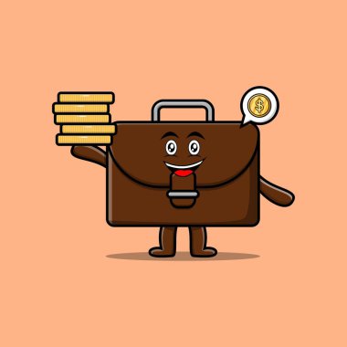 Altın sikke vektör illüstrasyonunda duran sevimli bavul karakteri.