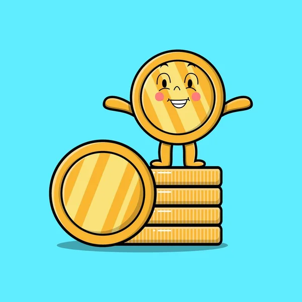 Cute Cartoon Złoty Moneta Charakter Gospodarstwa Stosy Złota Moneta Wektor — Wektor stockowy