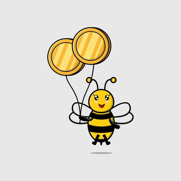 Cute Cartoon Bee Businessman Floating Gold Coin Balloon Cartoon Vector — Stock Vector