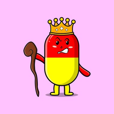 Şirin kapsül tıp maskotu, bilge kral, altın taç ve tahta sopa takıyor.