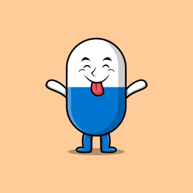 Şirin bir çizgi film kapsülü tıp karakteri ve sevimli bir yüz ifadesi var.