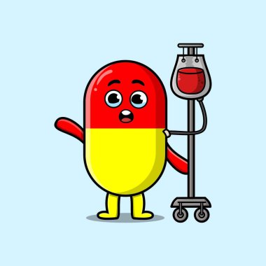 Kapsül tıbbının şirin bir çizgi film çizimi. Şirin modern tarzla kan nakli yapılıyor.