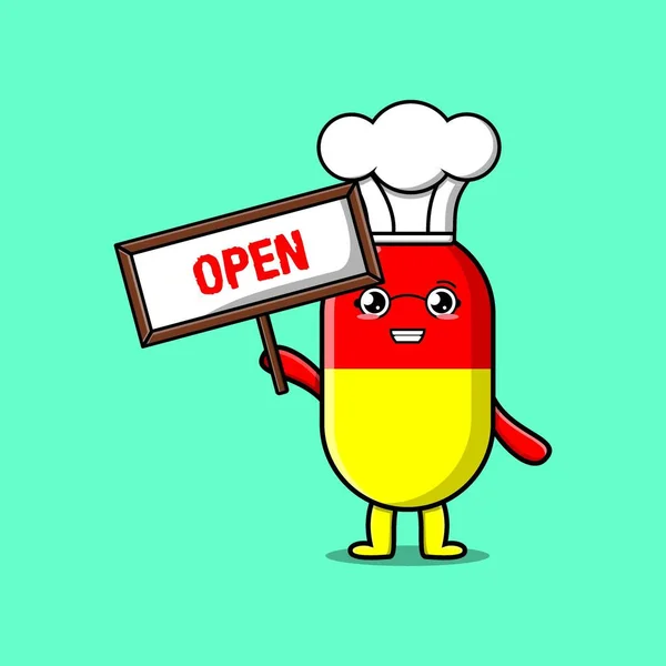 Cute Cartoon Capsule Medicine Chef Character Holding Open Sign Board — Stock Vector