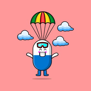 Şirin maskot çizgi filmi kapsül ilacı paraşüt ve mutlu bir jestle paraşütle atlıyor.