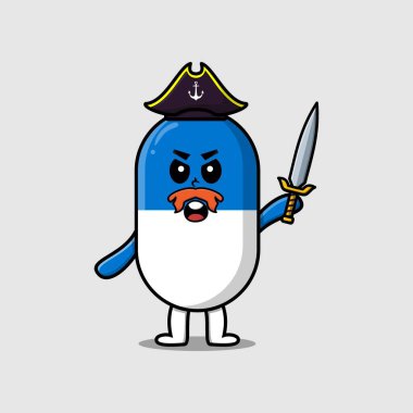 Şirin bir maskot karakteri kapsül tıp korsanı şapkası ve modern tasarımda kılıcı var.