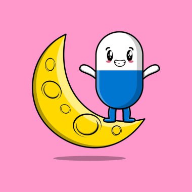 Tatlı çizgi film kapsül tıp karakteri düz modern tasarımla hilal ay üzerinde duruyor.