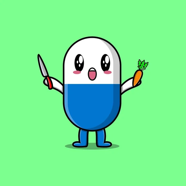 Cute Cartoon Capsule Medicine Character Holding Knife Carrot Modern Style — Archivo Imágenes Vectoriales