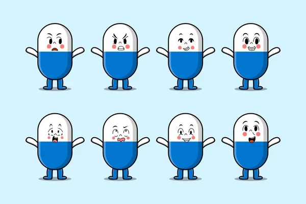 Set Kawaii Capsule Medicine Cartoon Character Different Expressions Cartoon Face — Wektor stockowy