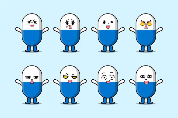 Conjunto Kawaii Cápsula Medicina Personagem Cartoon Com Diferentes Expressões Desenho —  Vetores de Stock