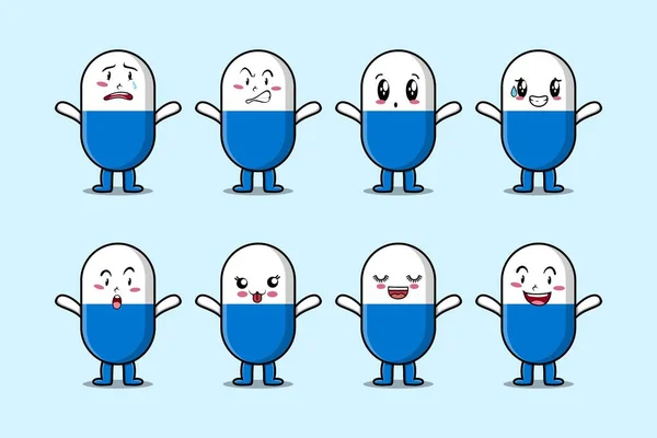 Set Kawaii Capsule Medicine Personaggio Dei Cartoni Animati Con Diverse — Vettoriale Stock